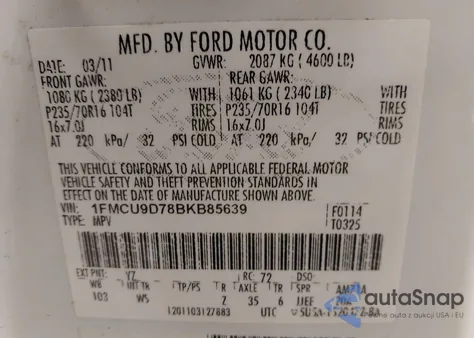 2011 Ford Escape Xlt from USA, damaged, VIN 1FMCU9D78BKB85639